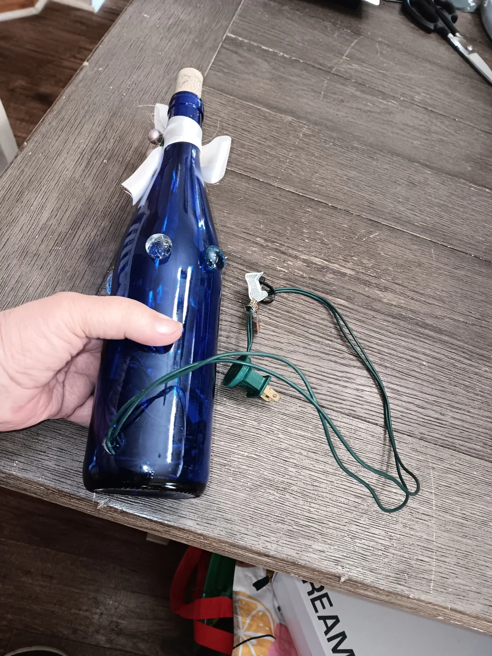 Decorative Cobalt Blue Glass Bottle with Pastel Bead Accent and Bow -lights Up